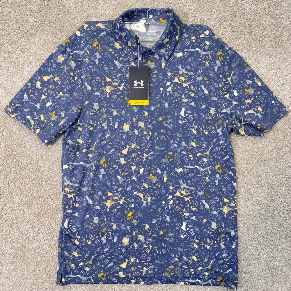 Under Armour Polo Mens Small The Playoff Polo Navy Blue Abstract Floral NEW